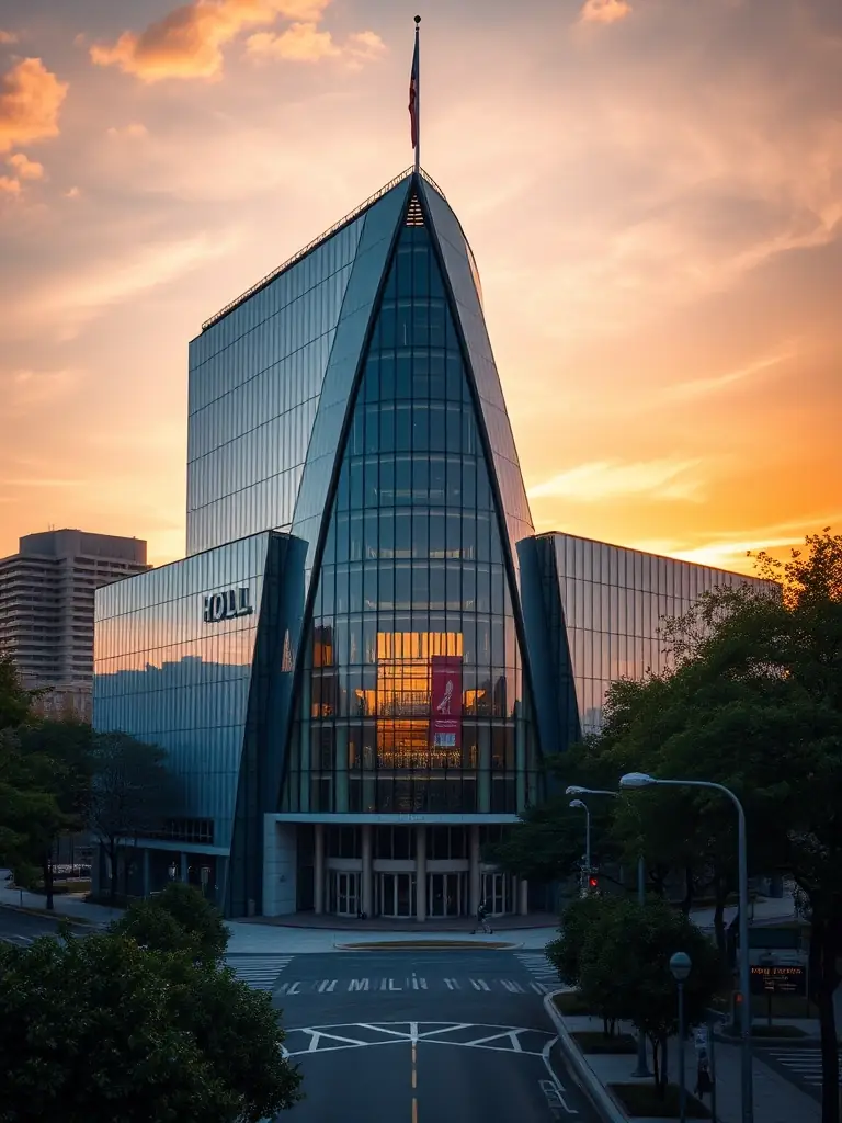 A photograph of a modern city hall building at dusk, emphasizing its architectural design and the surrounding urban landscape. The image should convey a sense of civic pride and technological advancement.