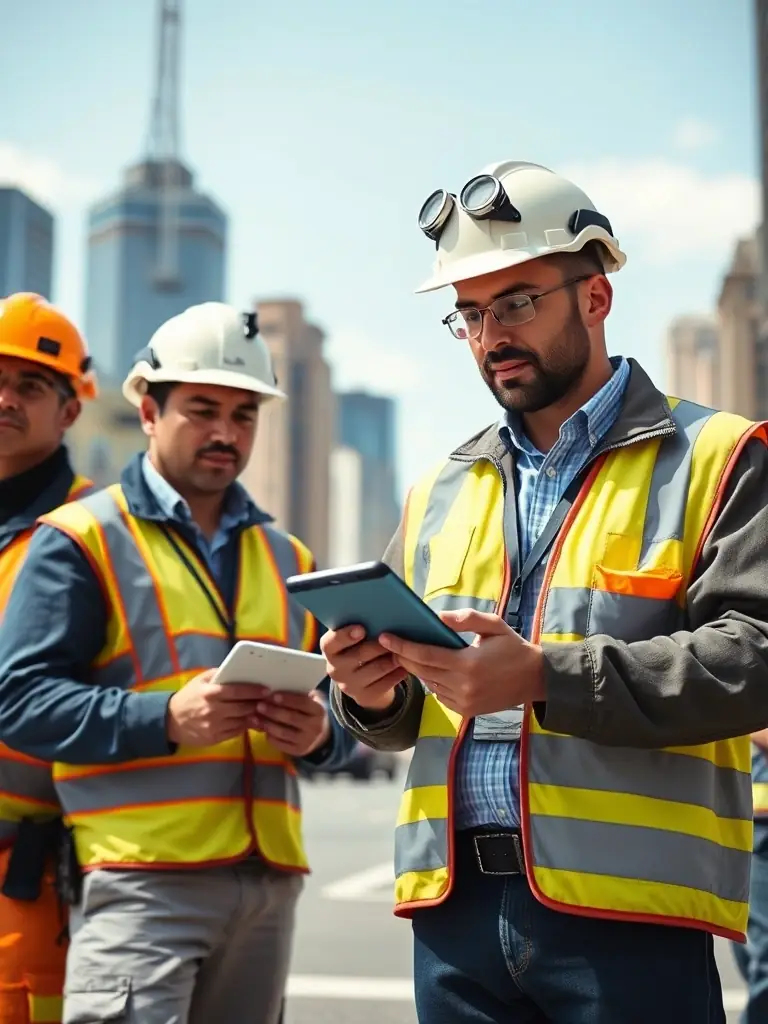 A photograph of municipal workers using tablets and mobile devices in the field, showcasing the benefits of mobile workforce solutions for improved productivity.