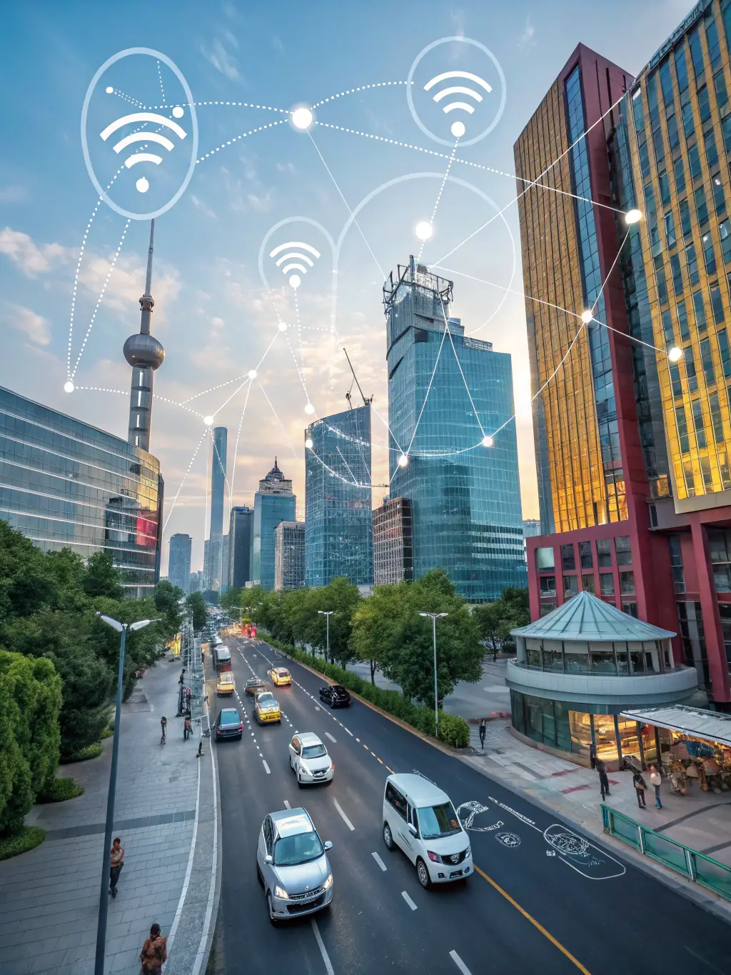 A graphic illustrating a network of interconnected devices and sensors, representing the Internet of Things (IoT) and its applications in municipal services.