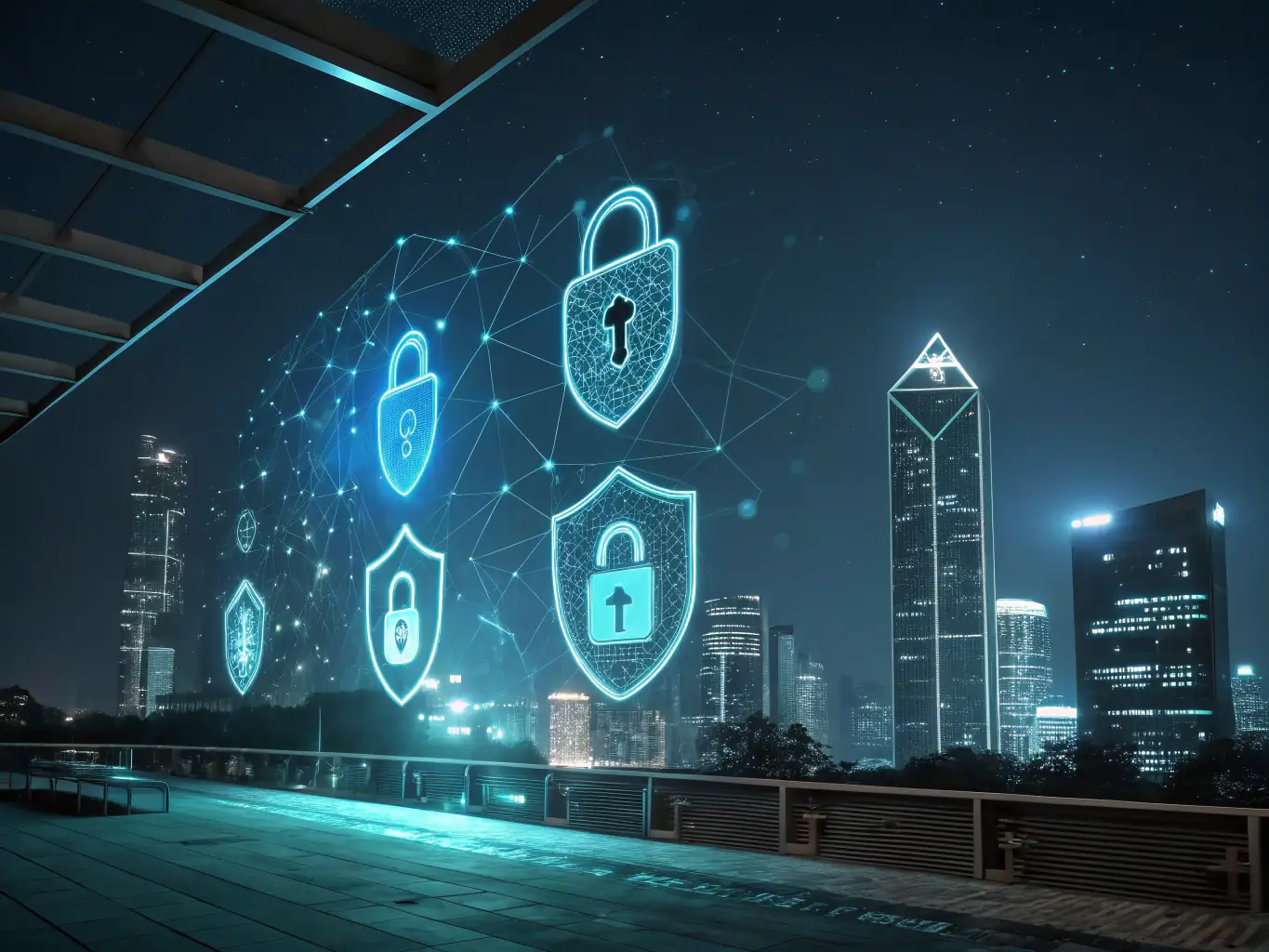 An image depicting a secure network environment with firewalls and security protocols, highlighting cybersecurity solutions.