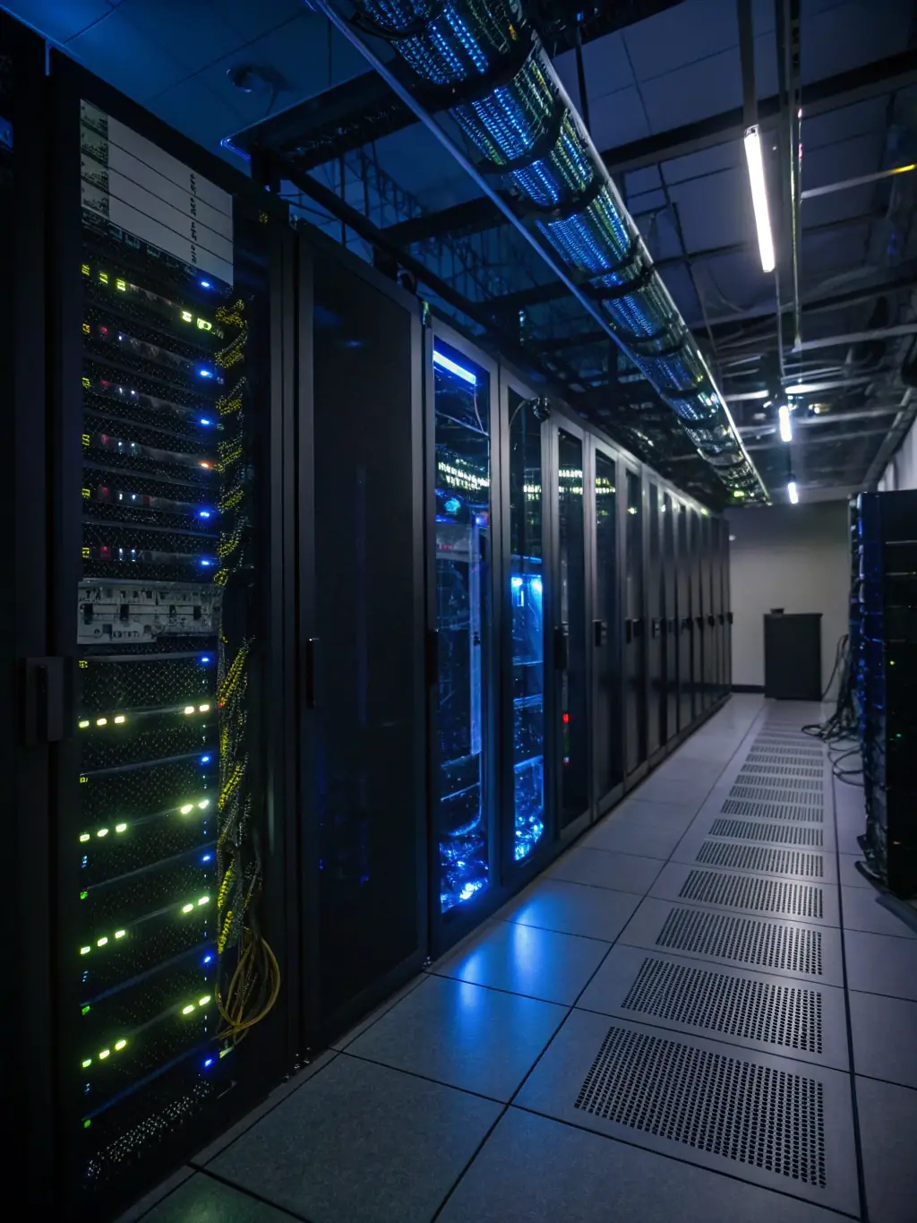 A secure server room with blinking lights and visible security measures, symbolizing OCE's dedication to data protection and cybersecurity for its business clients.