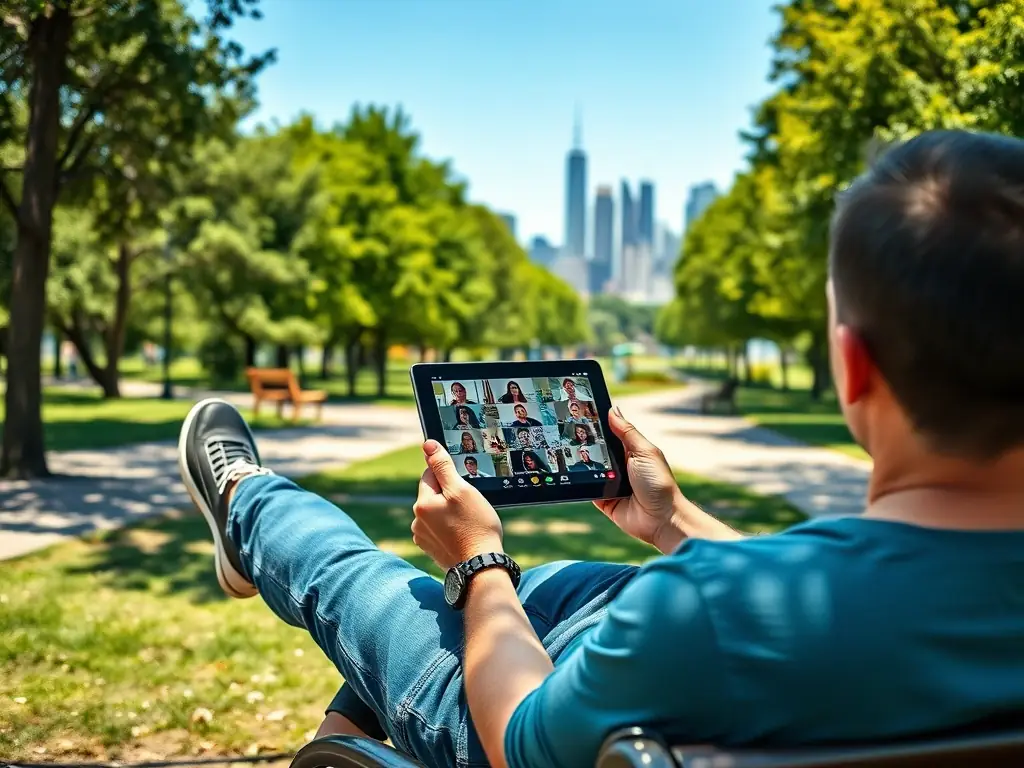 A public sector employee is participating in a video conference on a tablet in a park, showcasing the flexibility of accessing work resources from any location with "どこでもワーク365". The scene emphasizes work-life balance and remote accessibility.