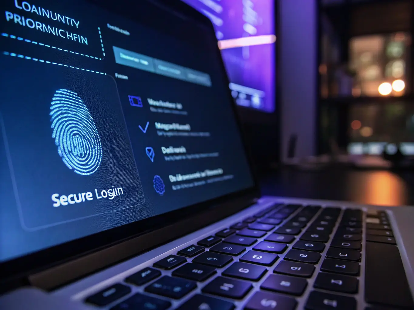 A secure login screen on a laptop displaying multi-factor authentication, highlighting the security features of "どこでもワーク365". The image focuses on protecting sensitive government data and ensuring compliance.