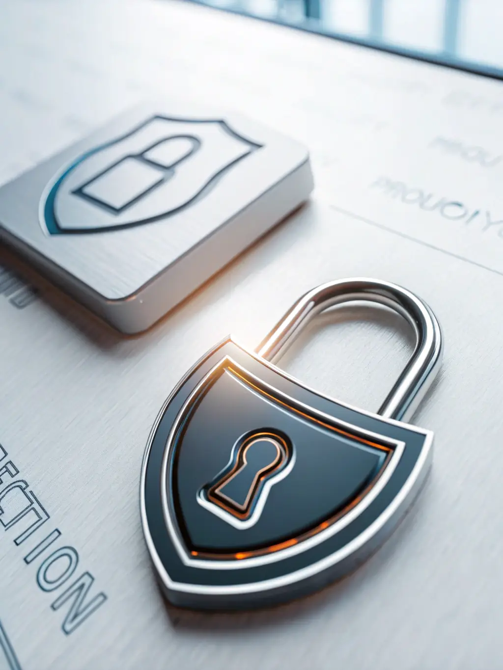 A digital illustration depicting a shield with a lock icon inside, symbolizing robust security protocols for data protection in a telework environment.