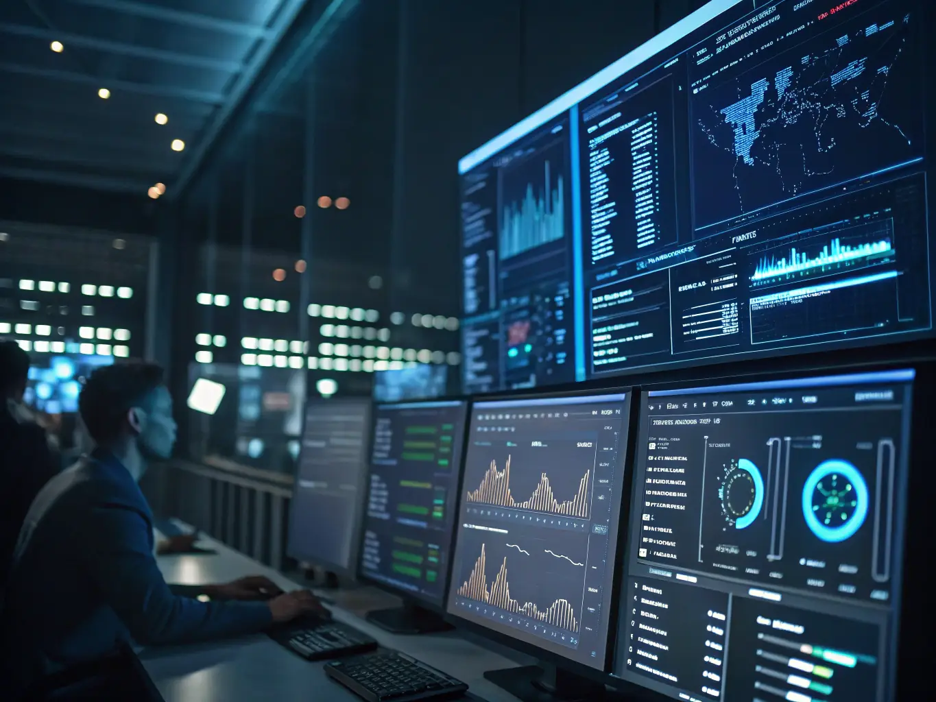 An image depicting a network security dashboard with real-time threat detection and response indicators, showcasing the dynamic risk-based control at the identity, device, data, and application levels.