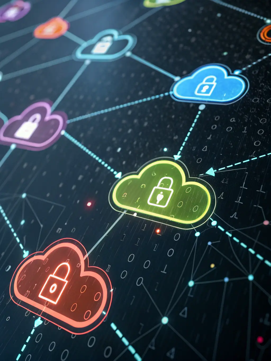 A visually appealing image of various cloud icons merging together, representing DXC's cloud utilization services.