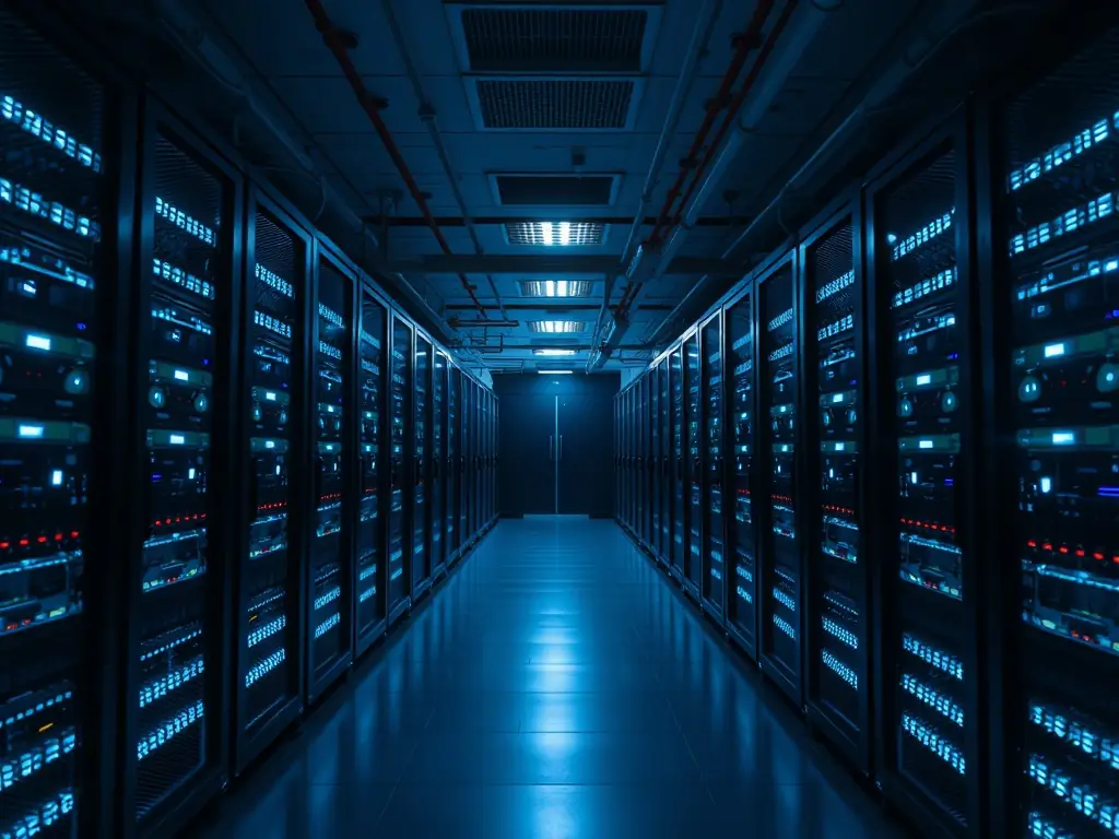 A secure data center with rows of servers and blinking lights, symbolizing the reliability and security of DXC's IT infrastructure and data management services.