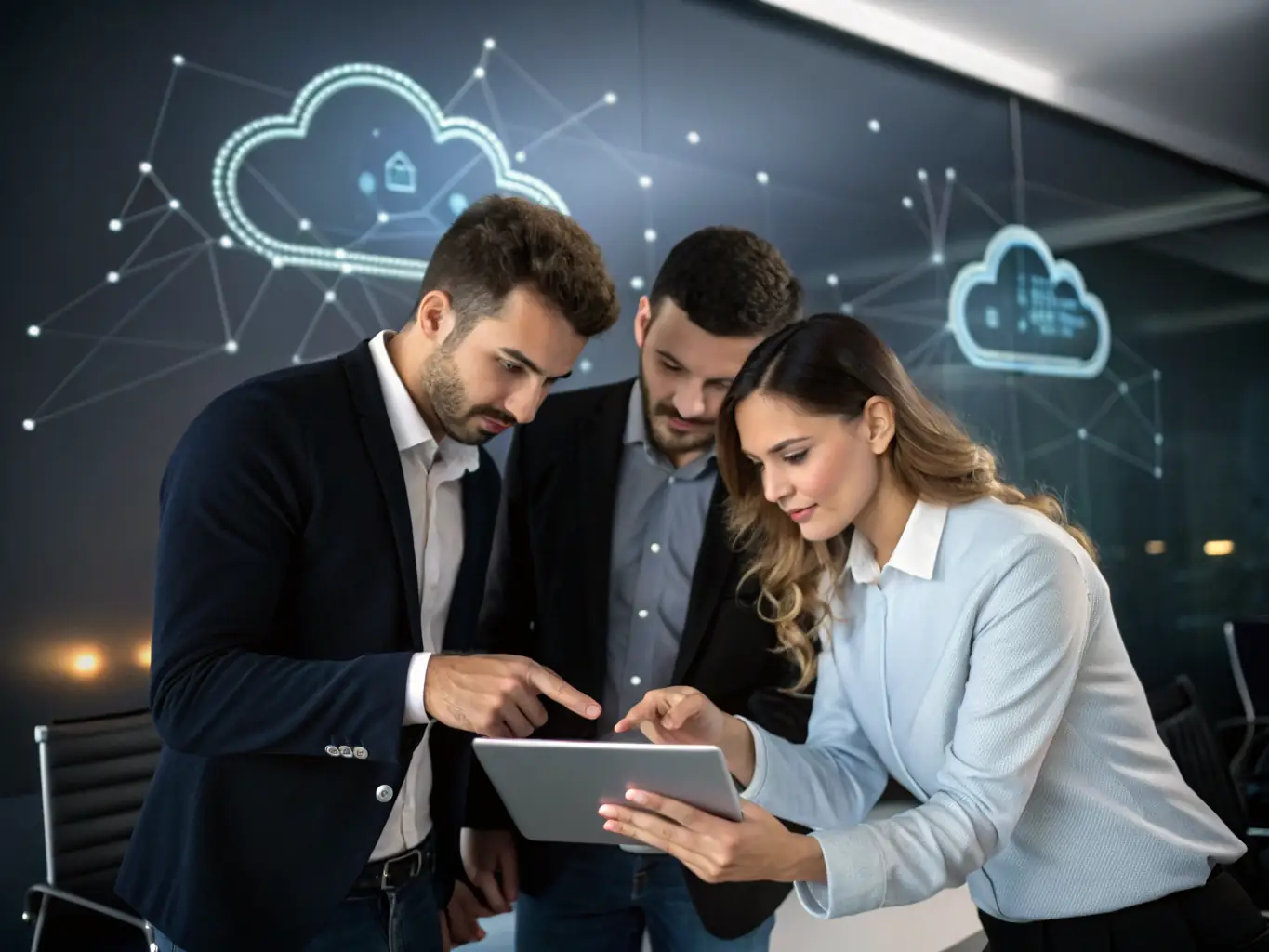 A diverse team of IT professionals collaborating on a cloud computing project, showcasing DXC's expertise in cloud solutions and digital transformation.