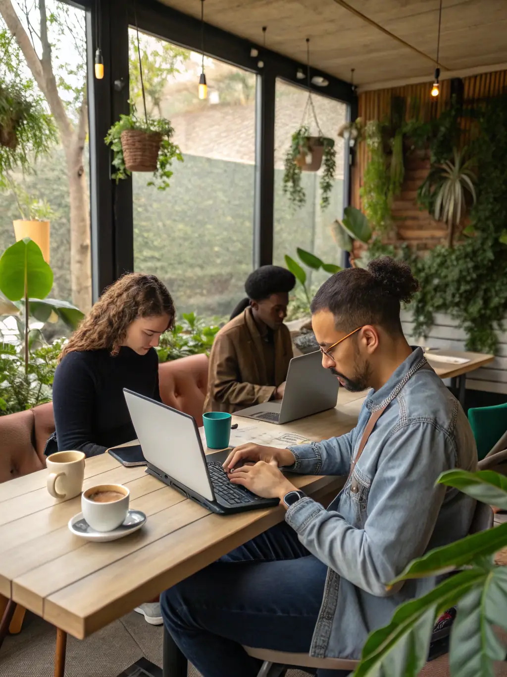 A photograph of a diverse group of people working on different devices in various locations (home, office, public space), emphasizing accessibility.