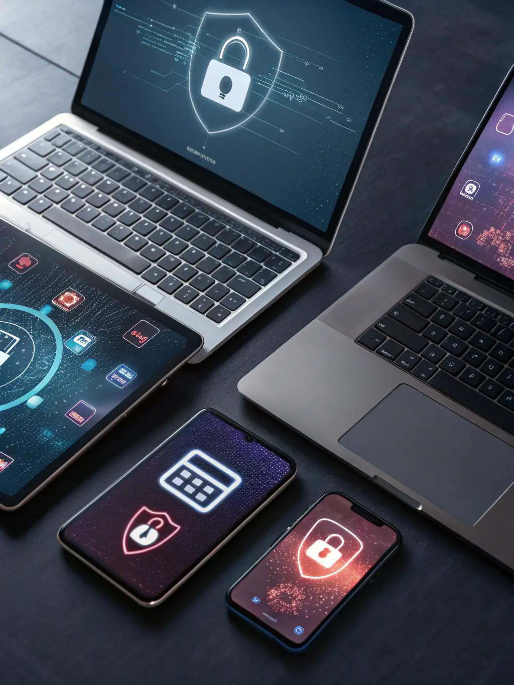 A visual representation of conditional access policies being applied to different devices, ensuring only trusted devices can access sensitive resources.