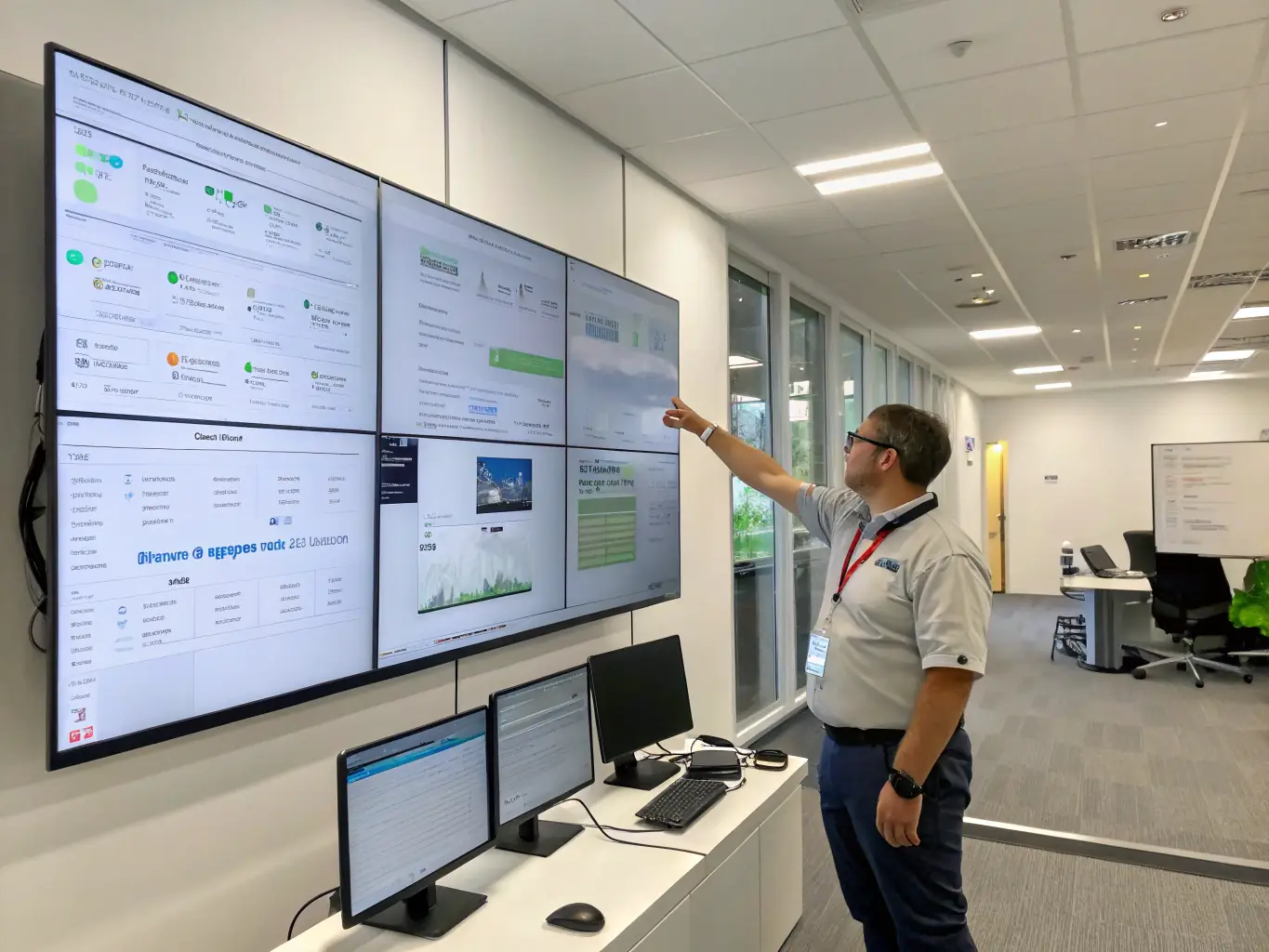 An IT administrator managing multiple devices through a centralized dashboard, illustrating the ease of device management with "どこでもワーク365". The image emphasizes simplified IT operations and reduced administrative burden.
