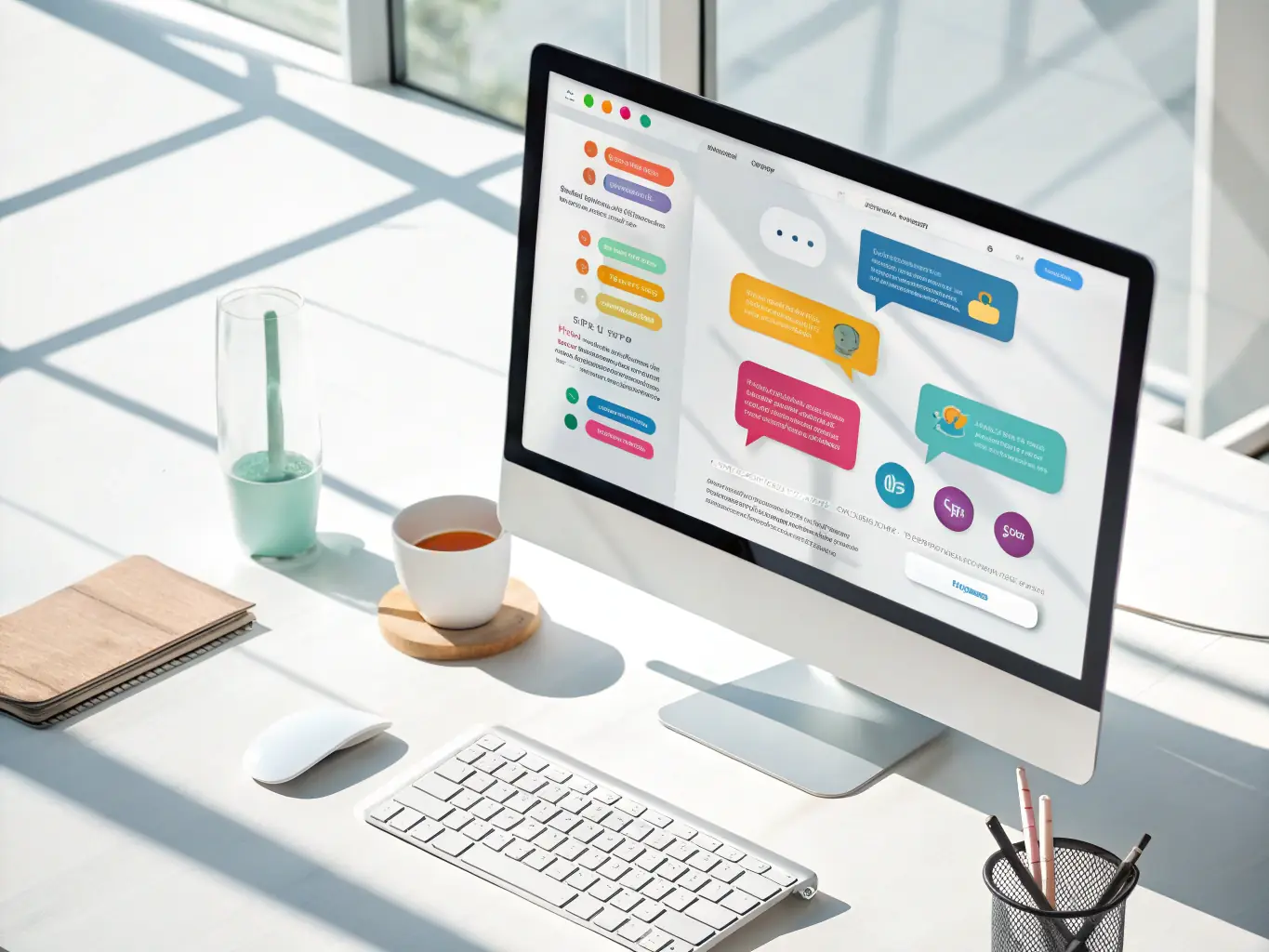 A digital illustration depicting a chatbot interface within Microsoft Teams, showcasing automated responses to frequently asked questions. The background includes subtle icons representing efficiency and automation.