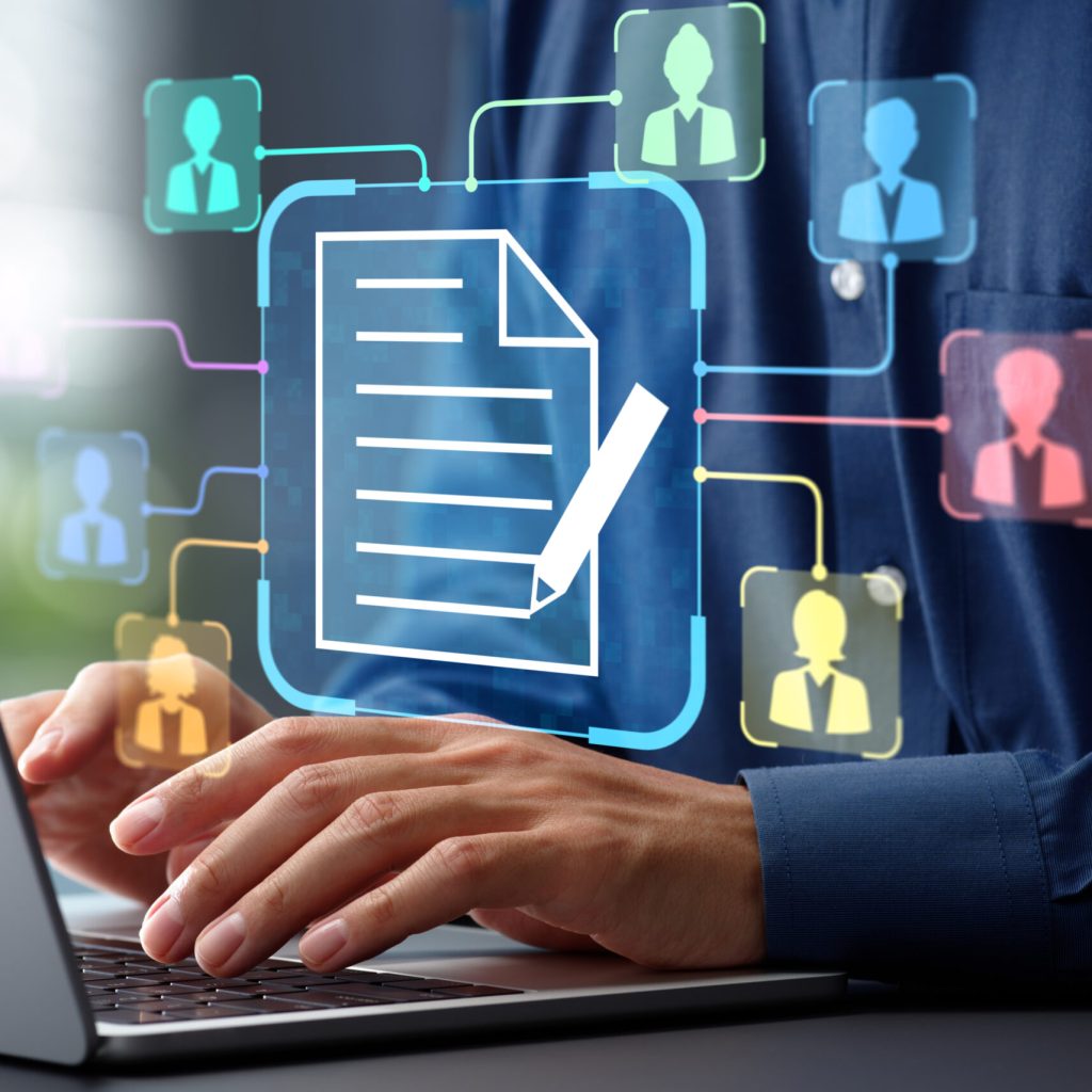 Document collaboration and file sharing. Team work and collaborative editing in document management solutions. Businessman using laptop computer for document synchronization.
