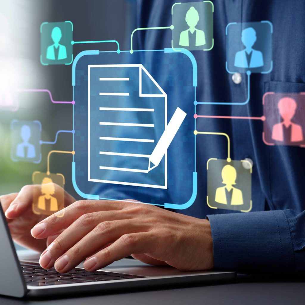 Document collaboration and file sharing. Team work and collaborative editing in document management solutions. Businessman using laptop computer for document synchronization.