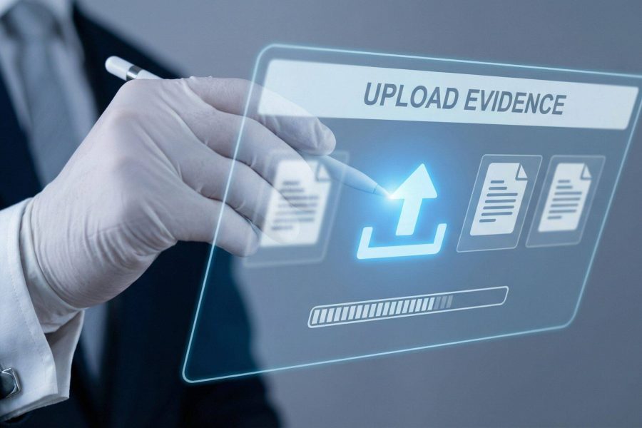 A businessman uploading digital evidence on a virtual interface