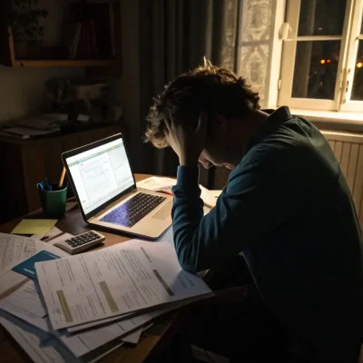 A frustrated office worker overwhelmed by a mountain of paper documents and digital files, symbolizing information overload in a modern office setting.