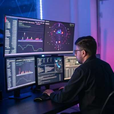 A network security professional looking concerned at a screen displaying complex security logs and threat alerts, representing security concerns.